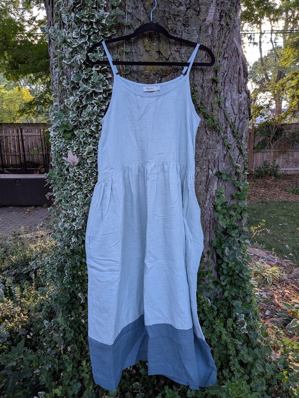 Light Blue Two-Tone Linen Maxi Dress by Magic Linen